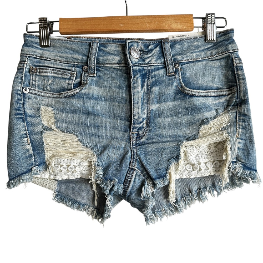 American Eagle Denim Shorts Ripped‎ Distressed Lace Detail Blue Size 6 NWT